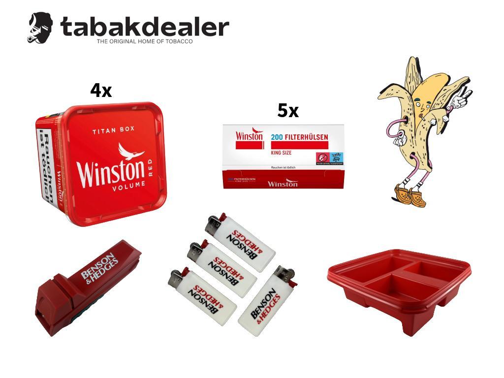 4x Winston Red Titan Box + 1000 Winston Hülsen +1 Benson & Hedges Duo Maker + 4 BIC Mini Feuerzeuge + 1 Winston Aufbewahrungsdeckel 