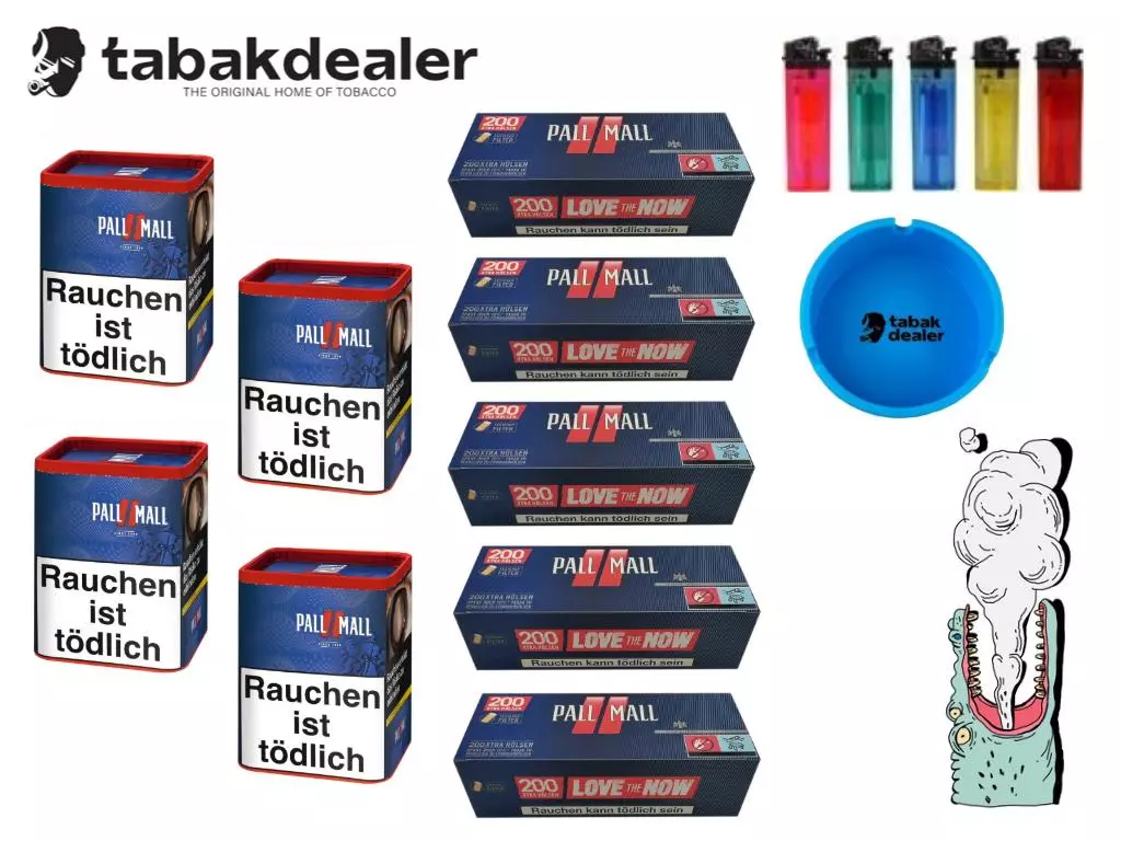 Pall Mall Red XXL Tabak + 1000 Hülsen + Tabakdealer Aschenbecher & 5 Feuerzeuge 