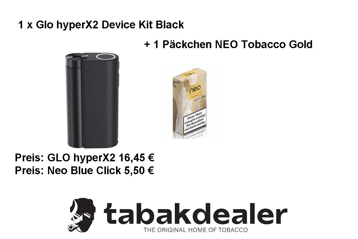 glo hyperX2 Device Kit Black + 1 Packung NEO Tobacco Gold Tabaksticks 