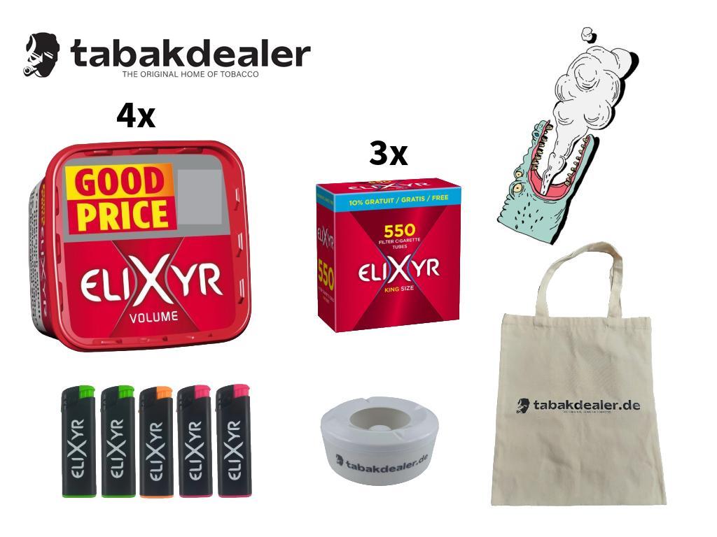 4x Elixyr Volumen Tobacco Box + 1650 Elixyr Filterhülsen + 5 Elixyr Feurzeuge +1 Windasche + 1 Tabakdealer Tasche 