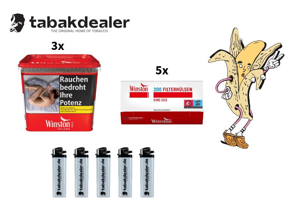 3 x Winston Giant Red Volumentabak 205 g, 1000 Winston Hülsen, 5 Tabakdealer Feuerzeuge 