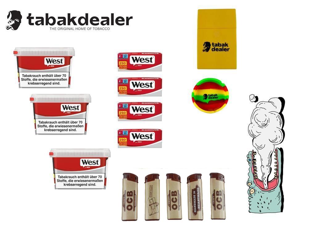 West Red Box 190g + 1000 Hülsen + Tabakdealer Aschenbecher und OCB Feuerzeuge 