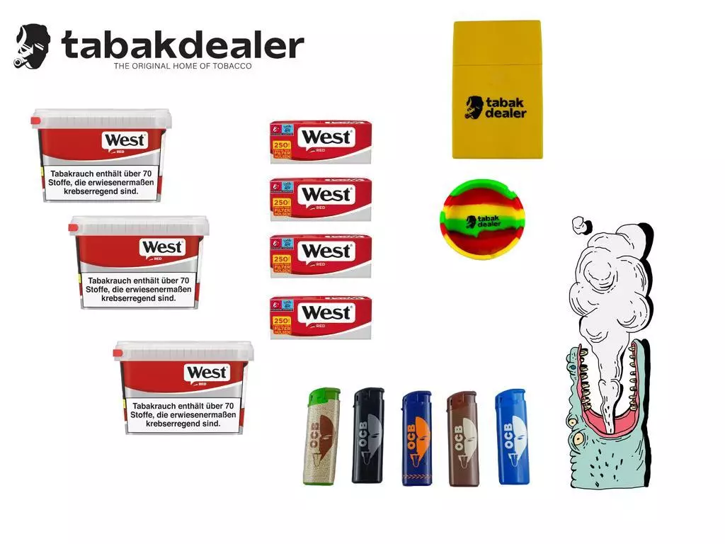 West Red Box 190g + 1000 Hülsen + Tabakdealer Aschenbecher und OCB Feuerzeuge 1