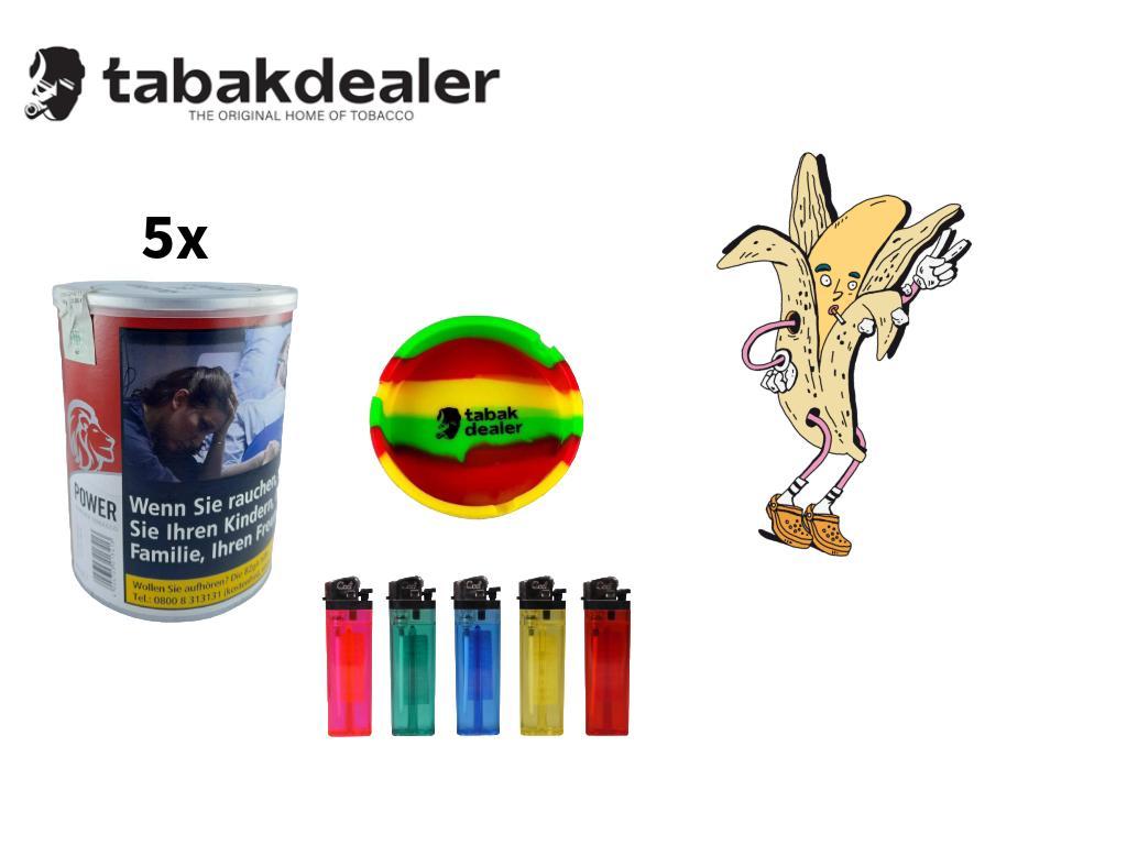 5x Power Quality Tobacco + 5 Reibrad Feuerzeuge + 1 Tabakdealer Aschenbecher 