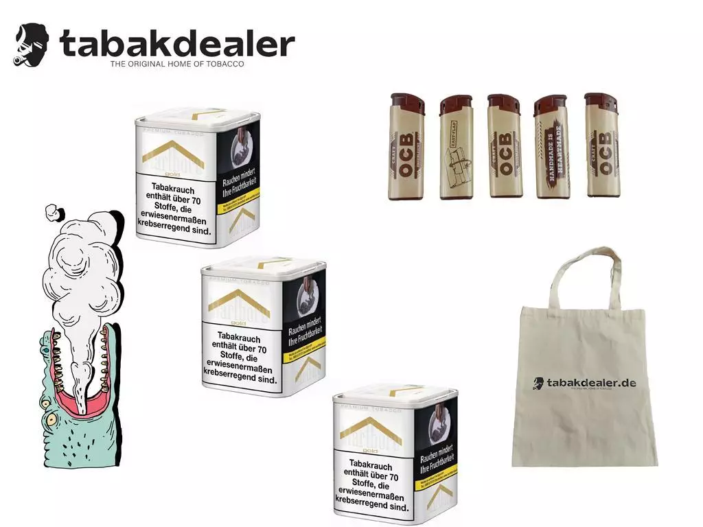 Marlboro Gold Tabak + 5 OCB Feuerzeuge & Tabakdealer Tasche