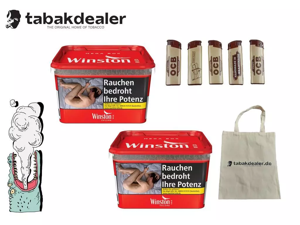 Winston Red Mega Box + 5 OCB Feuerzeuge & Tabakdealer Tragetasche