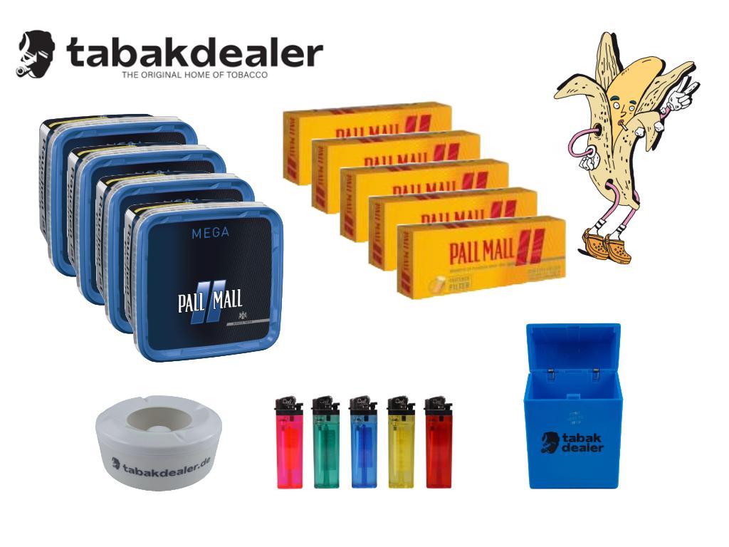 4x Pall Mall Allround Blue Mega + 1000 Hülsen + 5 Cool Feuerzeuge + 1 Tabakdealer Etui + 1 Tabakdealer Windascher 1 x 135g