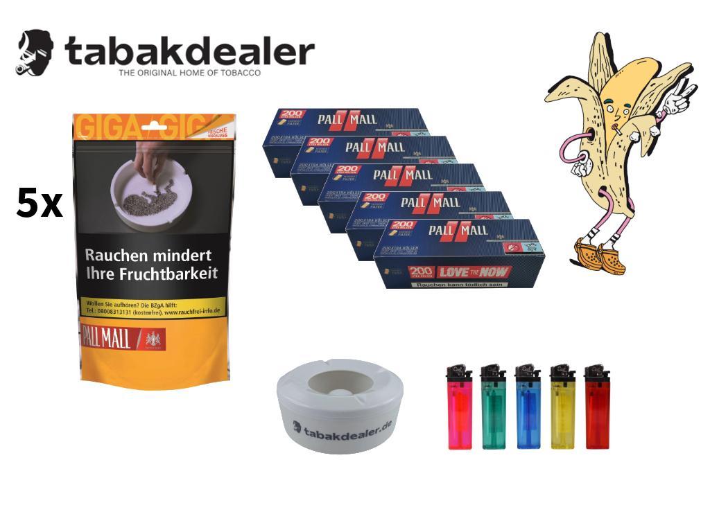 5x Pall Mall Allround Red Giga Tabak + 1000 Hülsen + 5 Cool Reibradfeuerzeuge + 1 Tabakdealer Windascher 1 x 104g