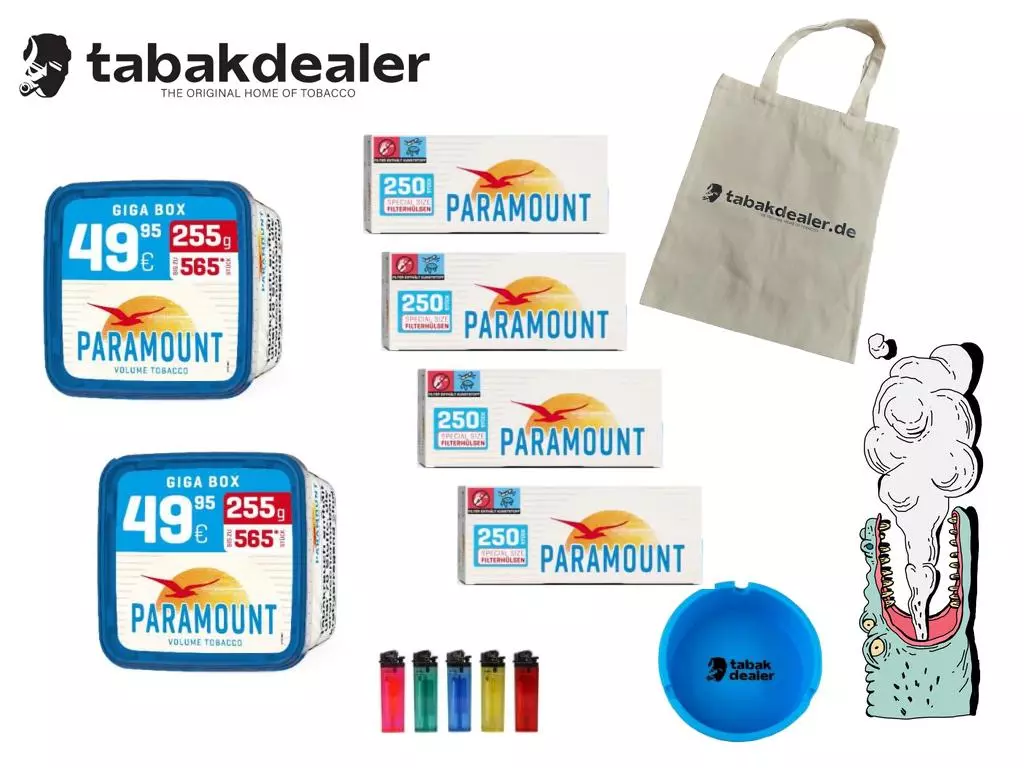 Paramount Blue Tabak Dose + 1000 Paramount Blue Hülsen + 5 Reibrand Feuerzeuge + Tabakdealer Tasche & Aschenbecher 