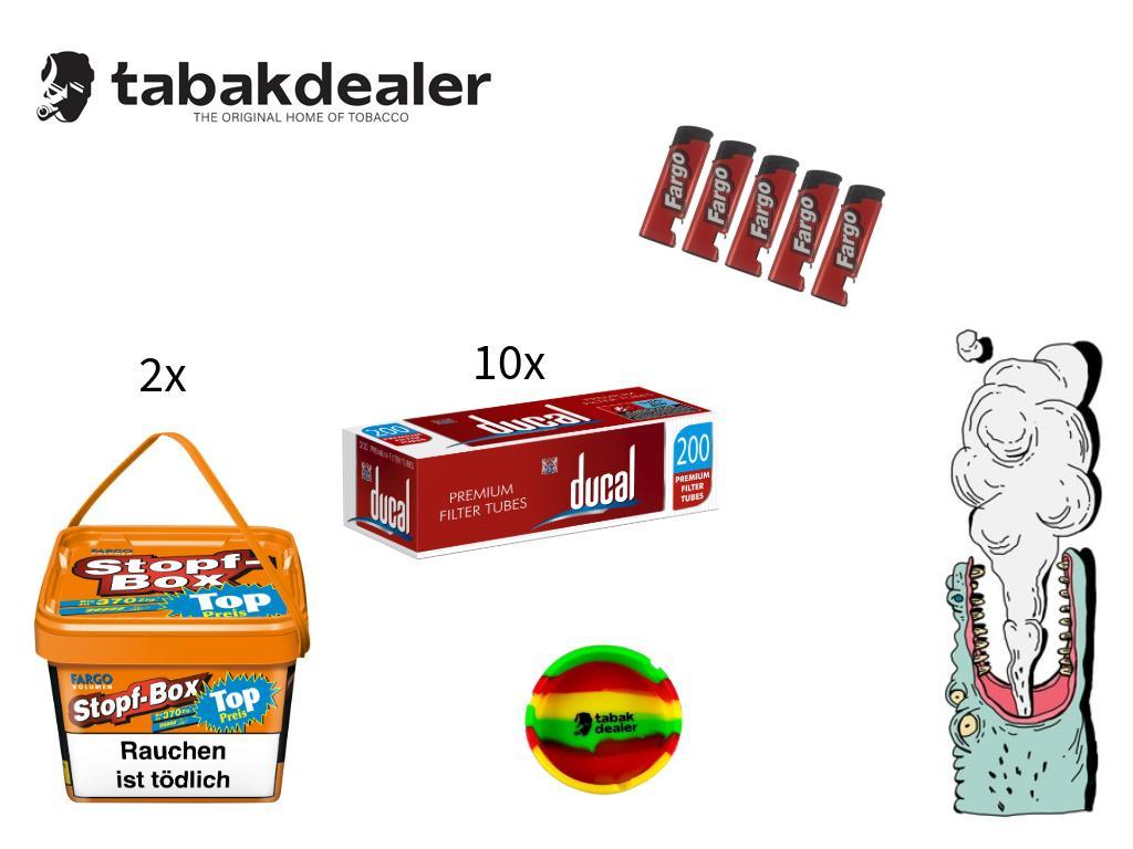 Fargo Stopf Box XXXL 420g + 2000 Hülsen + 5 Fargo Feuerzeuge + Tabakdealer Aschenbecher 