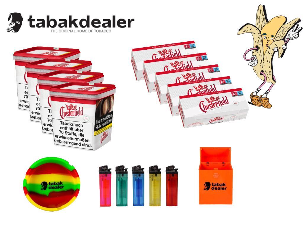 4x Chesterfield Giga Tabak + 1000 Hülsen + 5 Cool Reibradfeuerzeuge + 1 Tabakdealer Aschenbecher + 1 Tabakdealer Etui 
