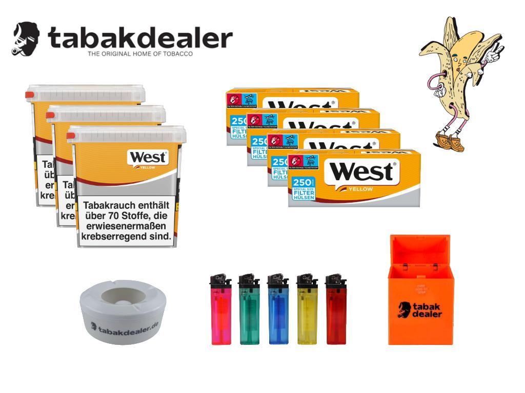 3x West Yellow Volumen Tobacco + 1000 Hülsen + 5 Cool Reibradfeuerzeuge + 1 Tabakdealer Windascher + 1 Tabakdealer Etui 